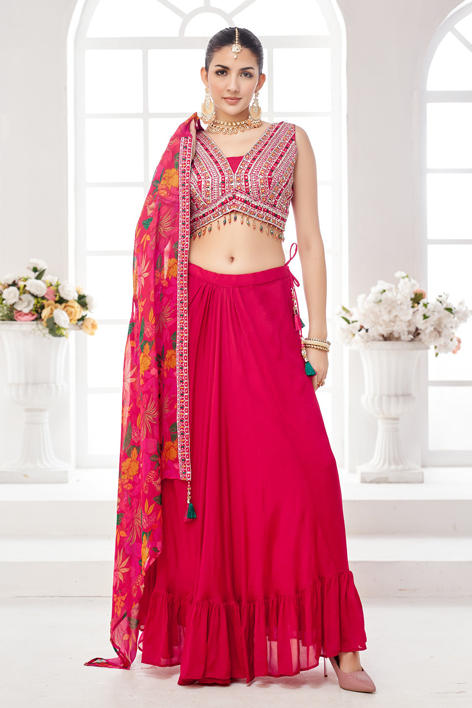 Gulabi Phool Dark Pink Chiffon Georgette Skirt Set