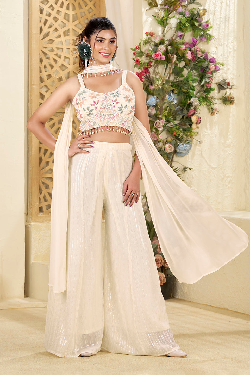 Safed Noor Off-White Georgette Plazzo Set
