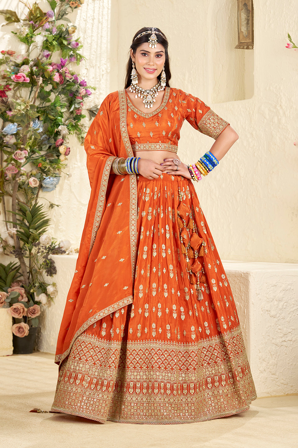 Kesar Gul Orange Shimmer Lehenga Set