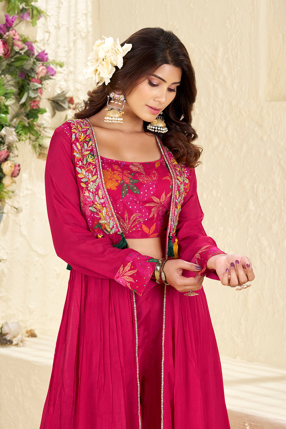 Gulabi Chaand Dark Pink Chiffon Georgette Skirt Set