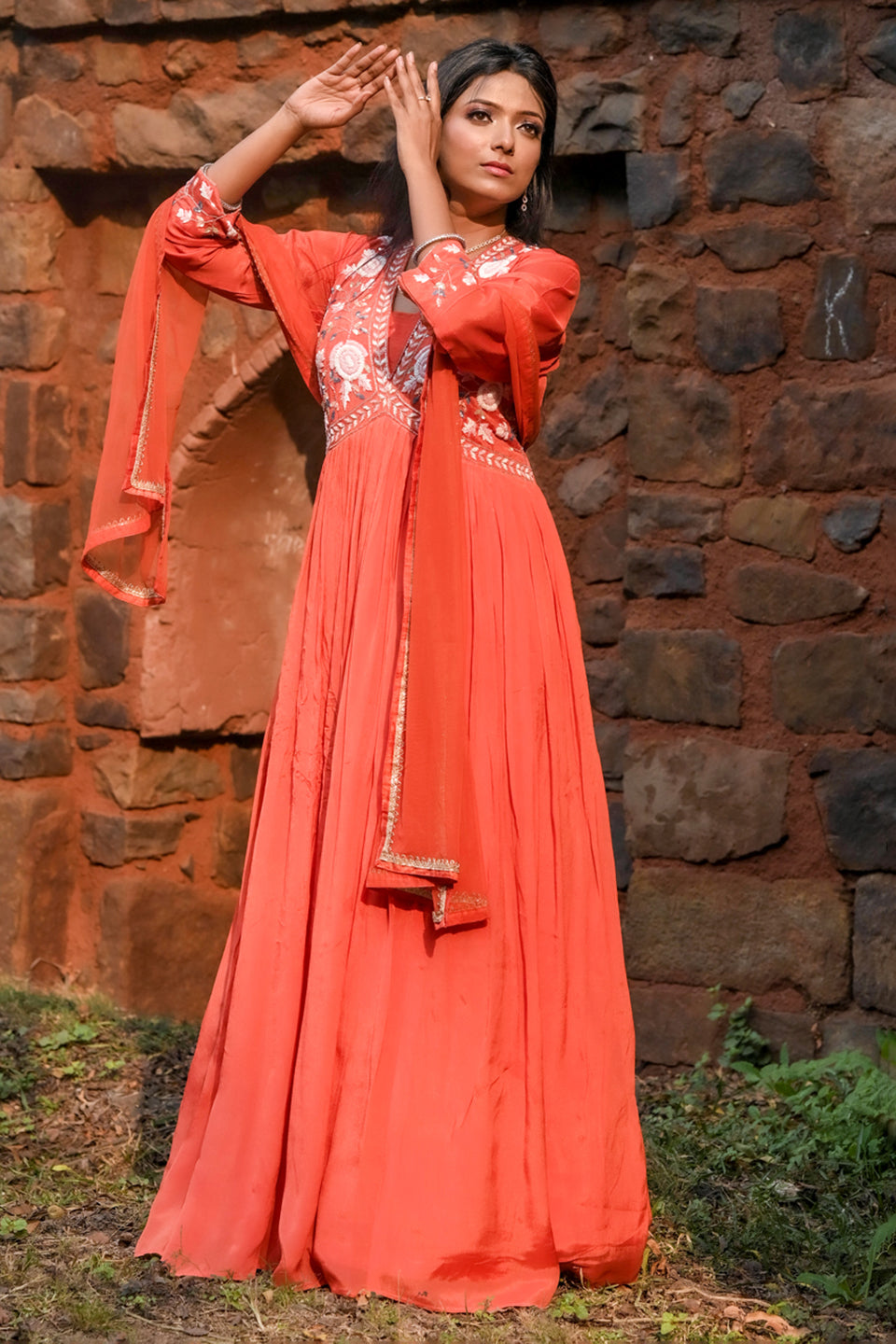 Chinon Anarkali With Embellished Choli