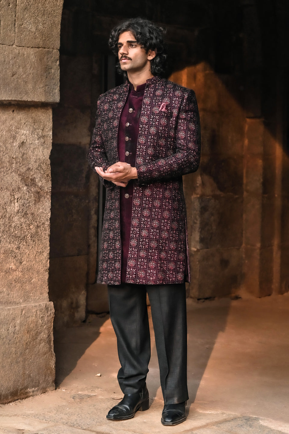 Multicolour Threaded Velvet Indo-Western