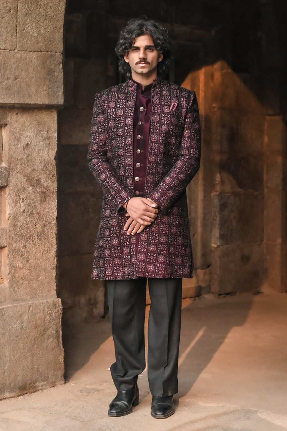 Multicolour Threaded Velvet Indo-Western